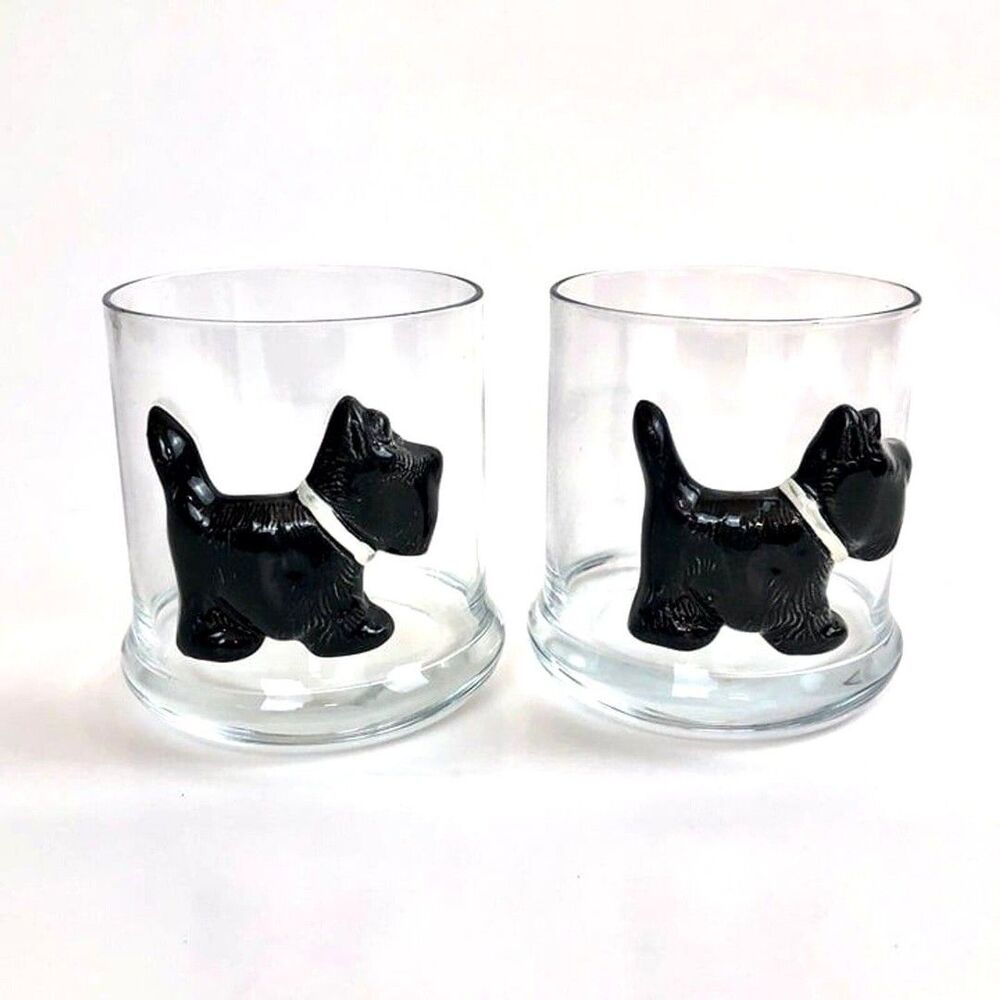 MCM Cocktail Glasses Scottie Dog Scottish Terrier Art Glass 12 oz Set of 2